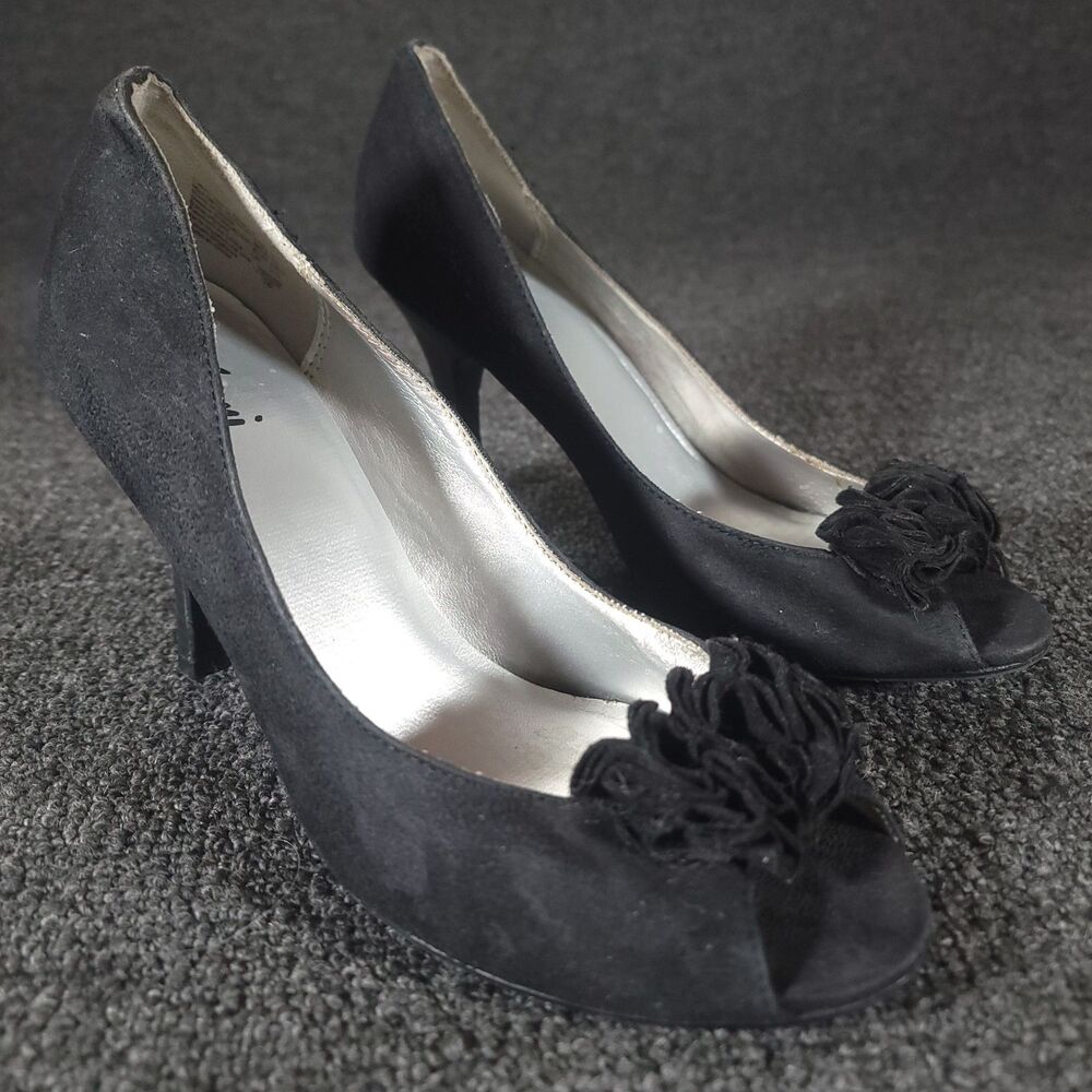 Fioni Bow Embellished Black Faux Suede Heels Open Toe Sz 7 Shoes 4" Heel